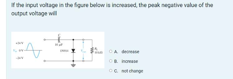 If the input voltage in the figure below is increased, the peak negative value of the
output voltage will
+24 V
10 μF
R₂
V ov-
A
10 k
O A. decrease
-24 V
B.
increase
O C. not change
IN914
www