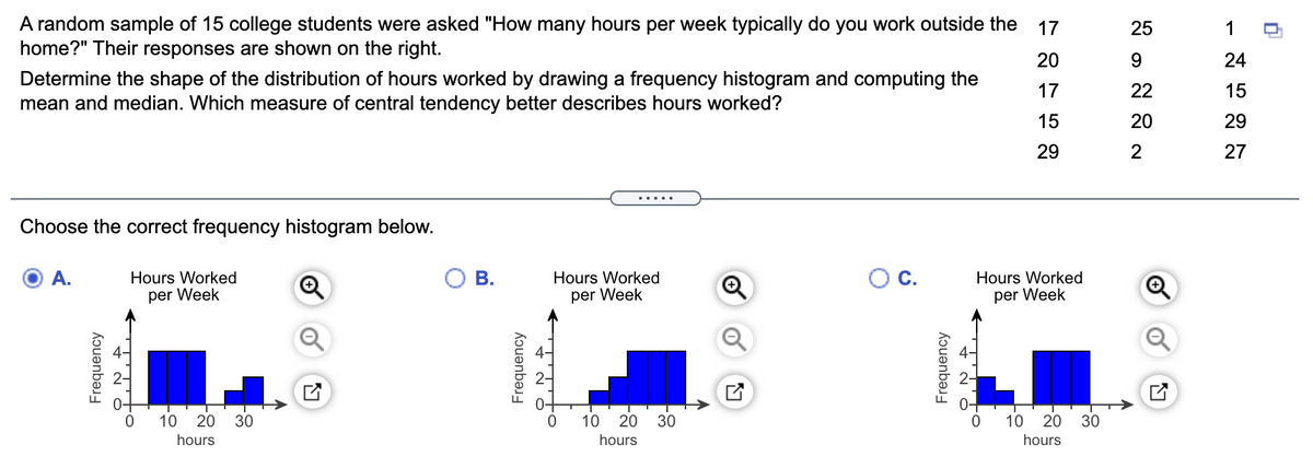 A random sample of 15 college students were asked "How many hours per week typically do you work outside the
home?" Their responses are shown on the right.
17
25
1
20
9.
24
Determine the shape of the distribution of hours worked by drawing a frequency histogram and computing the
mean and median. Which measure of central tendency better describes hours worked?
17
22
15
15
20
29
29
27
.....
Choose the correct frequency histogram below.
A.
Hours Worked
В.
Hours Worked
OC.
Hours Worked
per Week
per Week
per Week
10 20
30
10 20 30
10 20
30
hours
hours
hours
Frequency
Frequency
Frequency
