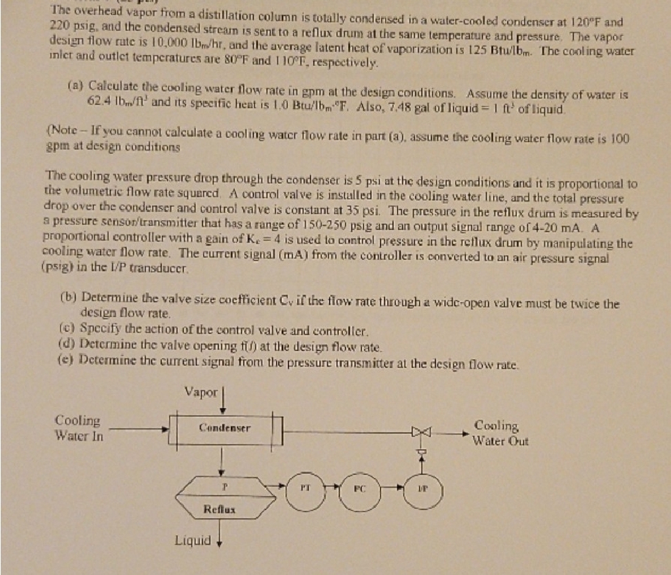 The overhead vapor from a distillation column is totally condensed in a water-cooled condenser at 120°F and
220 psig, and the condensed stream is sent to a reflux drum at the same temperature and pressure, The vapor
design flow rate is 10,000 lbm/hr, and the avcrage latent heat of vaporization is 125 Btu/lbm. The cooling water
inlet and outlet temperatures are 80°F and I 10°F, respectively.
(a) Calculate the cooling water flow rate in gpm at the design conditions. Assume the density of water is
62.4 Ib/fn' and its specific heat is 1.0 Btu/lbm"F. Also, 7.48 gal of liquid = 1 ft' of liquid.
(Note - If you cannot calculate a cooling water flow rate in part (a), assume the cooling water flow rate is 100
gpm at design conditions
The cooling water pressure drop through the condenser is 5 psi at the design conditions and it is proportional to
the volumetric flow rate squred, A control valve is instulled in the cooling water line, and the total pressure
drop over the condenser and control valve is constant at 35 psi. The pressure in the reflux drum is measured by
a pressure senson/transmitter that has a range of 150-250 psig and an output signal range of 4-20 mA. A
proportional controller with a gain of Ke = 4 is used to control pressure in the reflux drum by manipulating the
cooling water flow rate. The current signal (mA) from the controller is converted to an air pressure signal
(psig) in the I/P transducer.
(b) Determine the valve size cocfficient Cy if the flow rate through a widc-open valve must be twice the
design flow rate.
(c) Specify the action of the control valve and controller.
(d) Determine the valve opening fi) at the design flow rate.
(e) Determine the current signal from the pressure transmitter at the design flow rate.
Vapor
Cooling
Water In
Cooling
Water Out
Condenser
PC
IT
Reflux
Liquid
