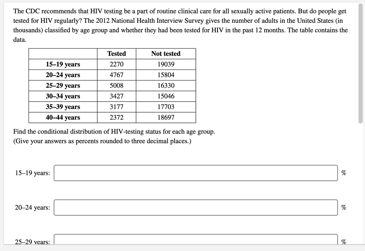 The CDC recommends that HIV testing be a part of routine clinical care for all sexually active patients. But do people get
tested for HIV regularly? The 2012 National Health Interview Survey gives the number of adults in the United States (in
thousands) classified by age group and whether they had been tested for HIV in the past 12 months. The table contains the
data.
Tested
Not tested
15-19 years
2270
19039
20-24 years
4767
15804
25-29 years
5008
16330
30–34 years
3427
15046
35-39 years
3177
17703
40–44 years
2372
18697
Find the conditional distribution of HIV-testing status for each age group.
(Give your answers as percents rounded to three decimal places.)
15-19 years:
20-24 years:
%
25–29 vears:
