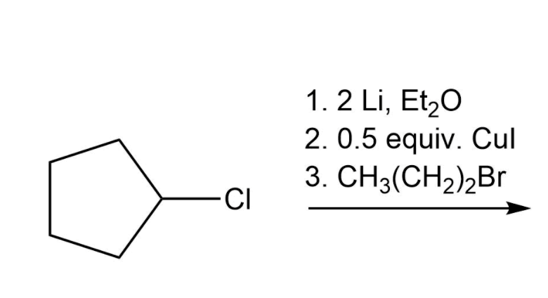 1. 2 Li, Et,0
2. 0.5 equiv. Cul
3. CH3(CH2)2Br
-CI
