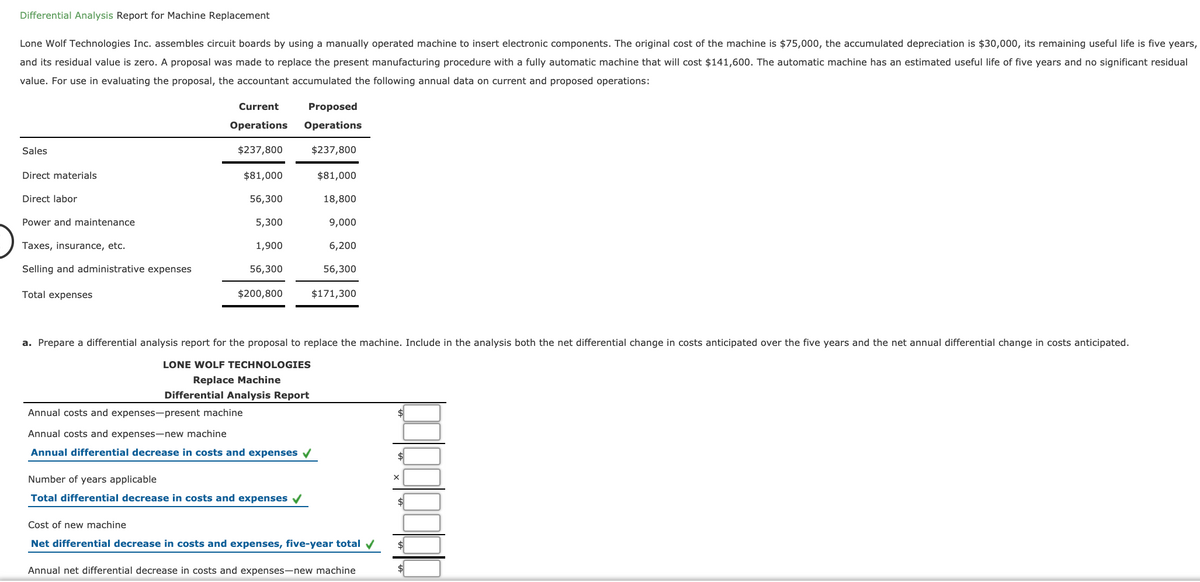 Differential Analysis Report for Machine Replacement
Lone Wolf Technologies Inc. assembles circuit boards by using a manually operated machine to insert electronic components. The original cost of the machine is $75,000, the accumulated depreciation is $30,000, its remaining useful life is five years,
and its residual value is zero. A proposal was made to replace the present manufacturing procedure with a fully automatic machine that will cost $141,600. The automatic machine has an estimated useful life of five years and no significant residual
value. For use in evaluating the proposal, the accountant accumulated the following annual data on current and proposed operations:
Current
Proposed
Operations
Operations
Sales
$237,800
$237,800
Direct materials
$81,000
$81,000
Direct labor
56,300
18,800
Power and maintenance
5,300
9,000
Taxes, insurance, etc.
1,900
6,200
Selling and administrative expenses
56,300
56,300
Total expenses
$200,800
$171,300
a. Prepare a differential analysis report for the proposal to replace the machine. Include in the analysis both the net differential change in costs anticipated over the five years and the net annual differential change in costs anticipated.
LONE WOLF TECHNOLOGIES
Replace Machine
Differential Analysis Report
Annual costs and expenses-present machine
Annual costs and expenses-new machine
Annual differential decrease in costs and expenses v
Number of years applicable
Total differential decrease in costs and expenses v
Cost of new machine
Net differential decrease in costs and expenses, five-year total v
Annual net differential decrease in costs and expenses-new machine
