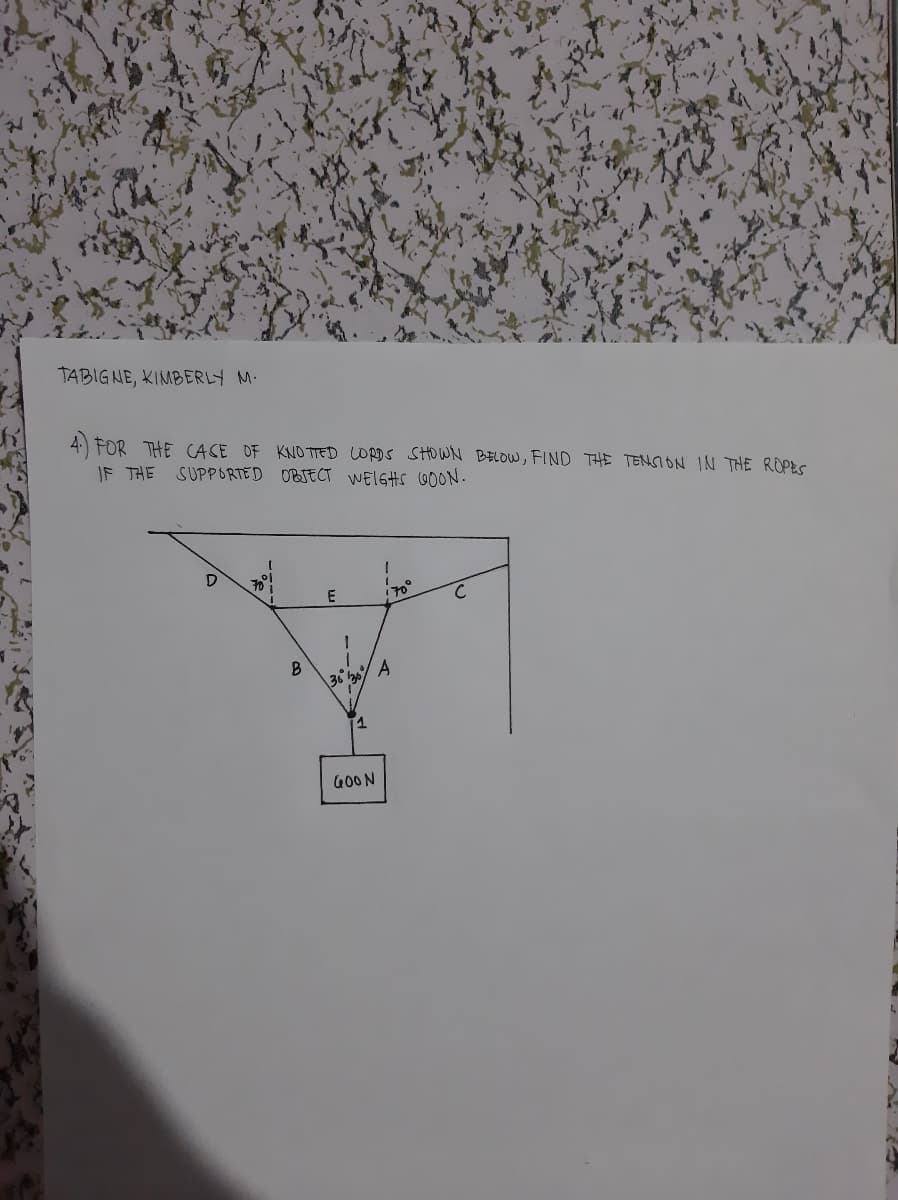 TABIGNE, KIMBERLY M.
4.) FOR THE CACE OF KNO TTED LORDS SHOWN BELOW, FIND THE TENN IN THE ROPES
IF THE SUPPORTED OBJECT WEIGHS G0ON.
170
B
36
A
11
G0ON
