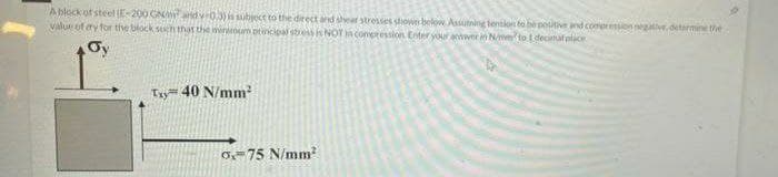 Ablock of steel (E-200 GNand v03)is subject to the direct and shear stresses stown below Assuning tention to be potitive and compresion egalivr. detarmine the
Value of ay for the block suchthat the miniroum otincipal stres h NOT n compression Enter your anwer in Nmto I decinal plice
Oy
Try 40 N/mm
0,-75 N/mm
