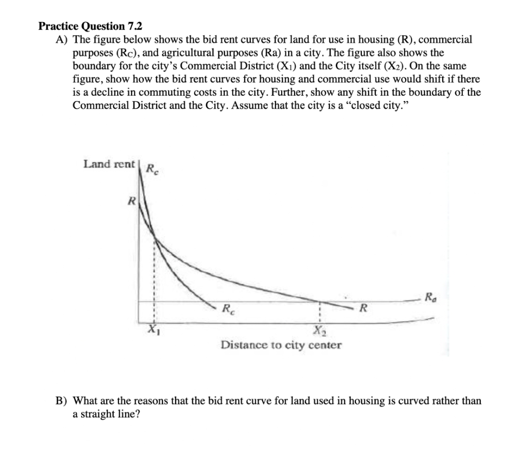 Practice Question 7.2
A) The figure below shows the bid rent curves for land for use in housing (R), commercial
purposes (Rc), and agricultural purposes (Ra) in a city. The figure also shows the
boundary for the city's Commercial District (X1) and the City itself (X2). On the same
figure, show how the bid rent curves for housing and commercial use would shift if there
is a decline in commuting costs in the city. Further, show any shift in the boundary of the
Commercial District and the City. Assume that the city is a "closed city."
Land rent
Re
Ro
Re
X3
Distance to city center
B) What are the reasons that the bid rent curve for land used in housing is curved rather than
a straight line?
