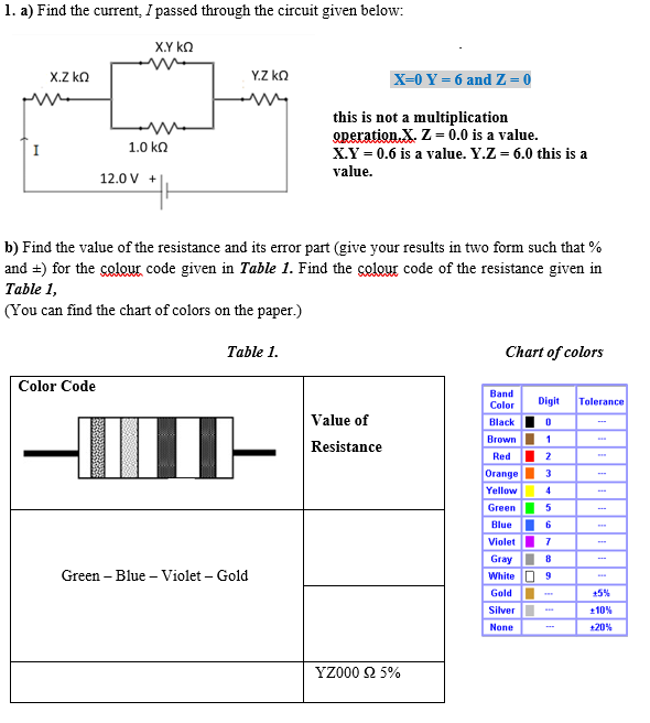 1. a) Find the current, I passed through the circuit given below:
X.Y ko
x.Z ka
Y.Z kQ
X-0 Y = 6 and Z = 0
this is not a multiplication
operation.X. Z = 0.0 is a value.
1.0 ka
X.Y = 0.6 is a value. Y.Z = 6.0 this is a
value.
12.0 V +|
b) Find the value of the resistance and its error part (give your results in two form such that %
and =) for the colour code given in Table 1. Find the colour code of the resistance given in
Table 1,
(You can find the chart of colors on the paper.)
Table 1.
Chart of colors
Color Code
Band
Color
Digit
Tolerance
Value of
Black
Brown
Resistance
Red
2
Orange
3
Yellow
Green
Blue
6.
Violet
7
Gray
Green – Blue – Violet – Gold
White O 9
Gold
+5%
Silver
+10%
None
+20%
YZ000 2 5%
IOOO OOD
