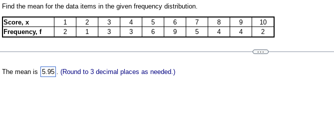 Find the mean for the data items in the given frequency distribution.
2
3
5
Score, x
Frequency, f
1
3
6
1
2
4
3
6
9
The mean is 5.95). (Round to 3 decimal places as needed.)
7
5
8
4
9
4
10
2