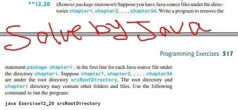 ** 12.20 (Renove package statement) Suppose you have Java source files under the direc-
tories chaptert, chapter2, ....chapter34. Write a program to remove the
Sotueby Java
Savo
Programming Exercises 517
statement package chapteri; in the first line for cach Java source file under
the directory chapteri. Suppose chaptert, chapter2,... chapter34
are under the root directory srcRootDirectory. The root directory and
chapteri directory may contain other folders and files. Use the following
command to run the program:
java Exercise12_20 srokootDirectory
