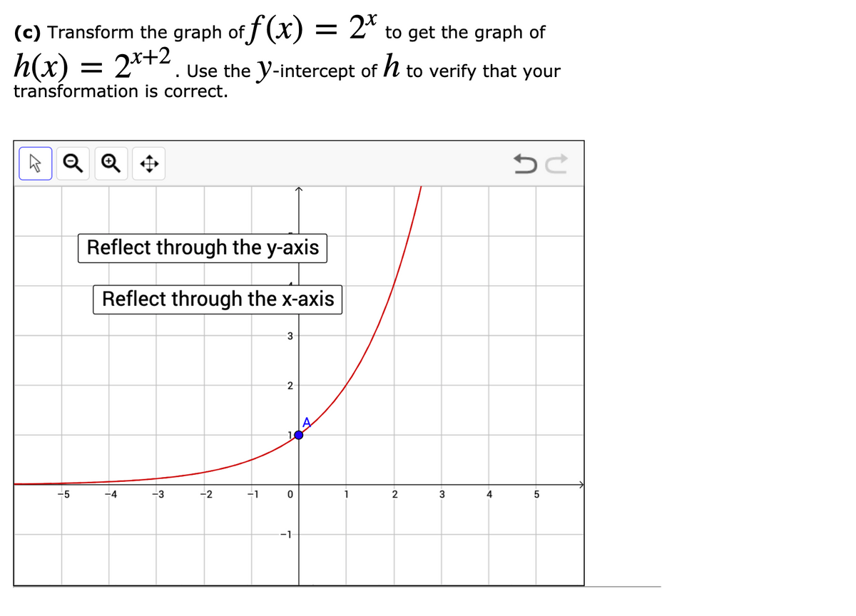 (c) Transform the graph of f (X) = 2* to get the graph of
Use the y-intercept of h to verify that your
transformation is correct.
Reflect through the y-axis
Reflect through the x-axis
3
-5
-4
-3
-2
-1
1
2
3
4
5
-1
2-
