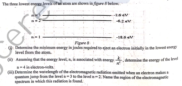 The three lówest energy levels of an atom are shown in figure:8 below:.
-116 ev
-6.2 ev
-18.6 ev:
Figure 8
(1)) Determine the miņimum energy in joules required to eject an eléctron initially in the lowest energy
lėvel from the atom.
(ii) Assuming that the energy level, n, is associated with ènergy determine.the energy of the level
n=4 in eléctron-volts.
(iii) Determine the wavelength of the electromagnetic radiation emitted when an electron makes a
quantum jump from the level n=3 to the level n=2: Name the región of the electromagnetic
spectrum in which this radiation is found.
