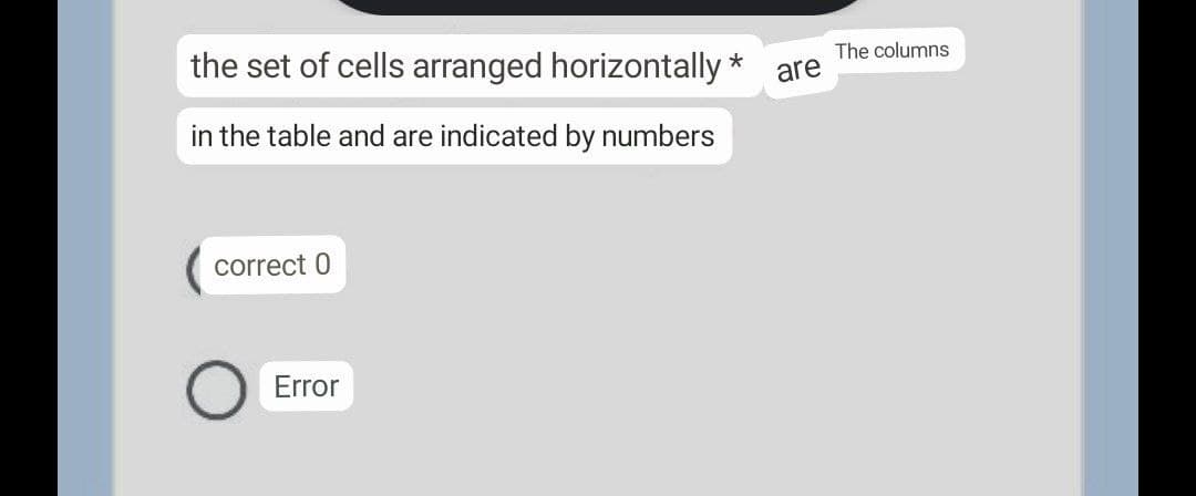 the set of cells arranged horizontally *
The columns
are
in the table and are indicated by numbers
correct 0
Error
