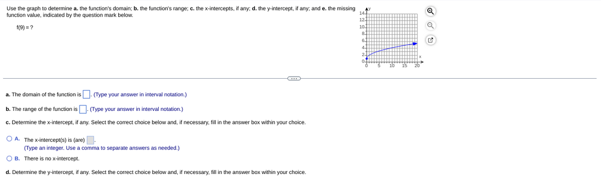 Use the graph to determine a. the function's domain; b. the function's range; c. the x-intercepts, if any; d. the y-intercept, if any; and e. the missing
AY
function value, indicated by the question mark below.
14-
f(9) = ?
10.
10
15
a. The domain of the function is . (Type your answer in interval notation.)
b. The range of the function is
(Type your answer in interval notation.)
c. Determine the x-intercept, if any. Select the correct choice below and, if necessary, fill in the answer box within your choice.
O A. The x-intercept(s) is (are).
(Type an integer. Use a comma to separate answers as needed.)
O B. There is no x-intercept.
d. Determine the y-intercept, if any. Select the correct choice below and, if necessary, fill in the answer box within your choice.
