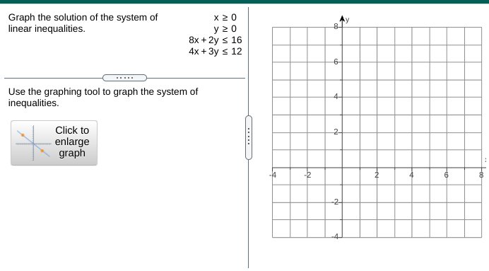 Graph the solution of the system of
linear inequalities.
x 20
y 20
8x + 2y s 16
4x + 3y s 12
6-
.....
Use the graphing tool to graph the system of
inequalities.
4-
Click to
2-
enlarge
graph
-4
-2
6.
-2-
-4-
(.....
