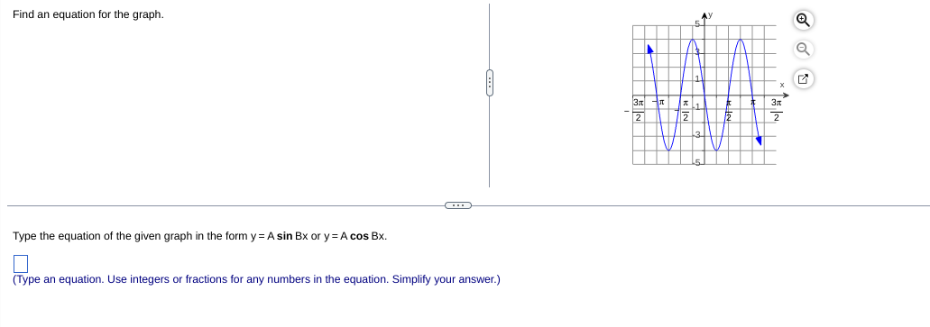 Find an equation for the graph.
AY
5.
3
Type the equation of the given graph in the form y= A sin Bx or y=A cos Bx.
(Type an equation. Use integers or fractions for any numbers in the equation. Simplify your answer.)
