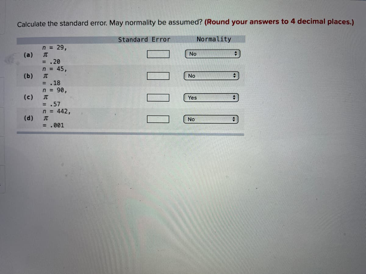 Calculate the standard error. May normality be assumed? (Round your answers to 4 decimal places.)
Standard Error
Normality
n = 29,
(a)
No
= .20
n = 45,
(b)
TT
No
= .18
n = 90,
(c)
Yes
= .57
n = 442,
(d)
No
= .001
