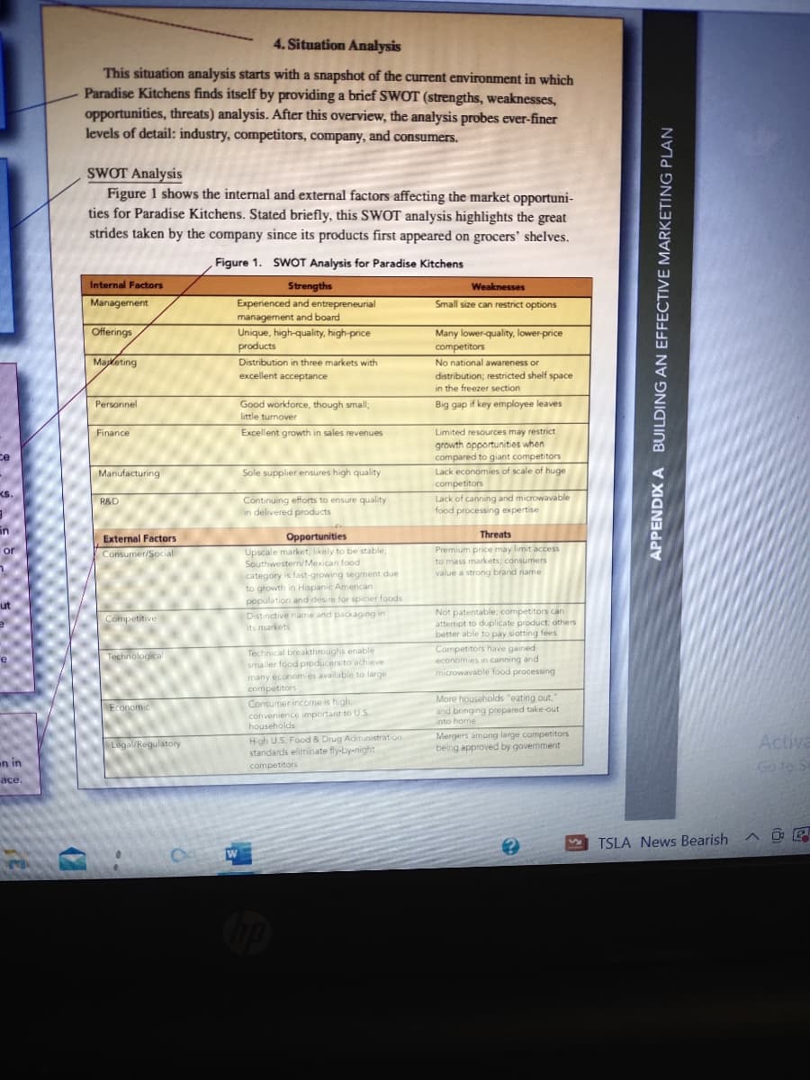 ce
KS.
a
in
or
ut
e
n in
ace.
4. Situation Analysis
This situation analysis starts with a snapshot of the current environment in which
Paradise Kitchens finds itself by providing a brief SWOT (strengths, weaknesses,
opportunities, threats) analysis. After this overview, the analysis probes ever-finer
levels of detail: industry, competitors, company, and consumers.
SWOT Analysis
Figure 1 shows the internal and external factors affecting the market opportuni-
ties for Paradise Kitchens. Stated briefly, this SWOT analysis highlights the great
strides taken by the company since its products first appeared on grocers' shelves.
Figure 1. SWOT Analysis for Paradise Kitchens
Internal Factors
Management
Offerings
Marketing
Personnel
Finance
Manufacturing
R&D
External Factors
Consumer/Social
Competitive
Technological
Economic
Legal/Regulatory
Strengths
Experienced and entrepreneurial
management and board
W
Unique, high-quality, high-price
products
Distribution in three markets with
excellent acceptance
Good workforce, though small;
little turnover
Excellent growth in sales revenues
Sole supplier ensures high quality
Continuing efforts to ensure quality
delivered products
Opportunities
Upscale market, likely to be stable,
Southwestern/Mexican food
category is fast-growing segment due
to growth in Hispanic American
population and desire for spicier foods
Distinctive name and packaging in
its markets
Technical breakthroughs enable
smaller food producers to achieve
many economies available to large
competitors
Consumer income is high,
convenience important to U.S.
households
High U.S. Food & Drug Administration
standards eliminate fly-by-night
competitors
Weaknesses
Small size can restrict options
Many lower-quality, lower-price
competitors
No national awareness or
distribution; restricted shelf space
in the freezer section
Big gap if key employee leaves
Limited resources may restrict
growth opportunities when
compared to giant competitors
Lack economies of scale of huge
competitors
Lack of canning and microwavable
food processing expertise
Threats
Premium price may limit access
to mass markets; consumers
value a strong brand name
Not patentable; competitors can
attempt to duplicate product; others
better able to pay slotting fees
Competitors have gained
economies in canning and
microwavable food processing
More households "eating out,"
and bringing prepared take-out
into home
Mergers among large competitors
being approved by government
APPENDIX A BUILDING AN EFFECTIVE MARKETING PLAN
TSLA News Bearish
Activa
Go to Se
A
OP