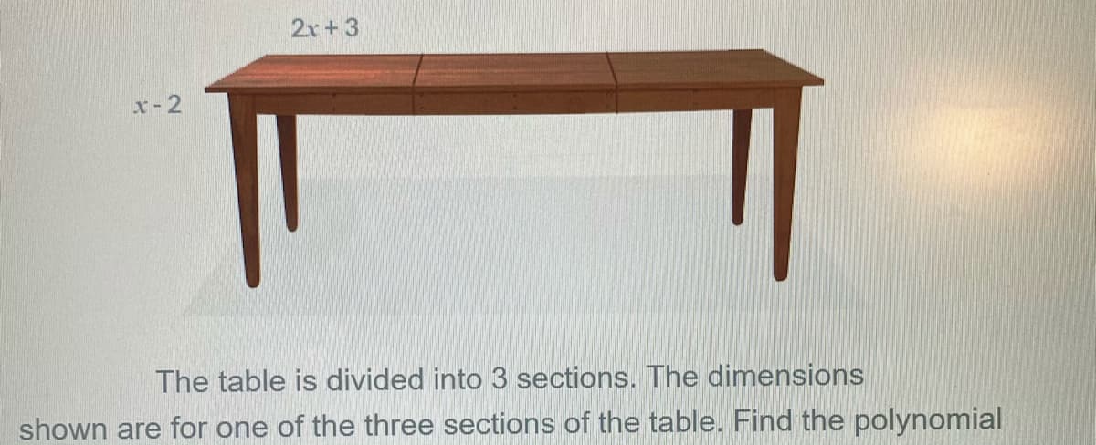 2x + 3
x-2
The table is divided into 3 sections. The dimensions
shown are for one of the three sections of the table. Find the polynomial
