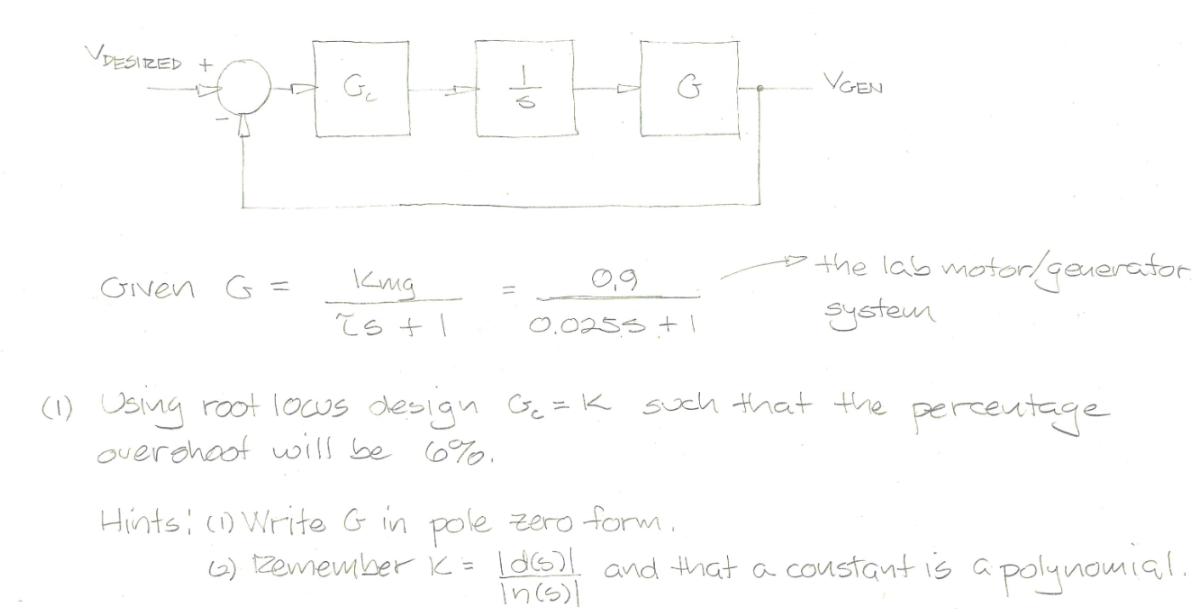 VDESIZED +
Ge
G
VGEN
o the lab motor/generator
System
Given G =
Kng
0.0255 +I
(1) Using root lows design GGe=K such that the
overohoot will be 6%o.
percentage
Hintsi (o Write G in pole zero form.
G) zemember K= ld6)! and that a coustant is a
Incs)l
polynomiąl.
