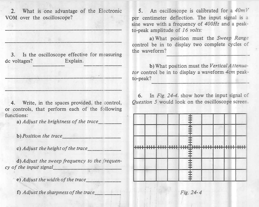 2.
What is one advantage of the Electronic
5.
An oscilloscope is calibrated for a 40mV
VOM over the oscilloscope?
per centimeter deflection. The input signal is a
sine wave with a frequency of 400HZ and a peak-
to-peak amplitude of 16 volts:
a) What position must the Sweep Range
control be in to display two complete cycles of
the waveform?
Is the oscilloscope effective for measuring
dc voltages?
3.
Explain.
b) What position must the Vertical Attenua-
tor control be in to display a waveform 4cm peak-
to-peak?
In Fig. 24-4, show how the input signal of
Question 5 would look on the oscilloscope screen.
6.
4.
Write, in the spaces provided, the control,
or controls, that perform each of the following
functions:
a) Adjust the brightness of the trace_
b) Position the trace
c) Adjust the height of the trace_
d) Adjust the sweep frequency to the frequen-
cy of the input signal_
e) Adjust the width of the trace_
f) Adjust the sharpness of the trace_
Fig. 24-4
