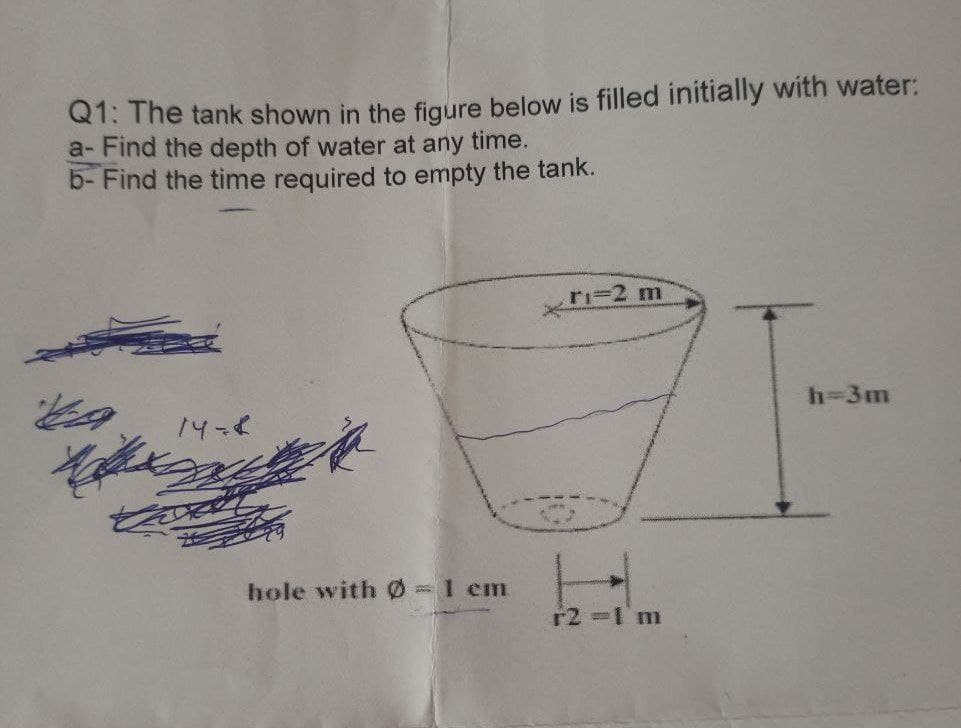 Q1: The tank shown in the figure below is filled initially with water:
a- Find the depth of water at any time.
b- Find the time required to empty the tank.
ri=2 m
h-3m
14-8
hole with Ø
1 em
r2 -1m
