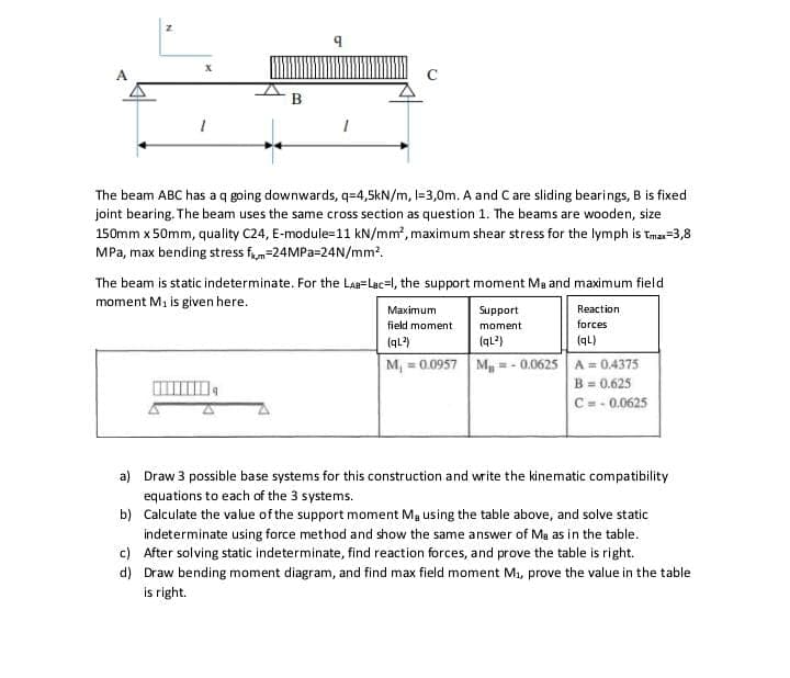 The beam ABC has a q going downwards, q=4,5kN/m, I=3,0m. A and Care sliding bearings, B is fixed
joint bearing. The beam uses the same cross section as question 1. The beams are wooden, size
150mm x 50mm, quality C24, E-module=11 kN/mm, maximum shear stress for the lymph is Tmar=3,8
MPa, max bending stress fem=24MP2=24N/mm2.
The beam is static indeterminate. For the Laa=Lac=l, the support moment Ma and maximum field
moment Mi is given here.
Maximum
Support
Reaction
field moment
moment
forces
(qL)
(qL?)
(qL)
M, = 0.0957 M, = - 0.0625 A = 0.4375
B = 0.625
C-- 0.0625
a) Draw 3 possible base systems for this construction and write the kinematic compatibility
equations to each of the 3 systems.
b) Calculate the value of the support moment Ma using the table above, and solve static
indeterminate using force method and show the same answer of Ma as in the table.
c) After solving static indeterminate, find reaction forces, and prove the table is right.
d) Draw bending moment diagram, and find max field moment Ma, prove the value in the table
is right.
