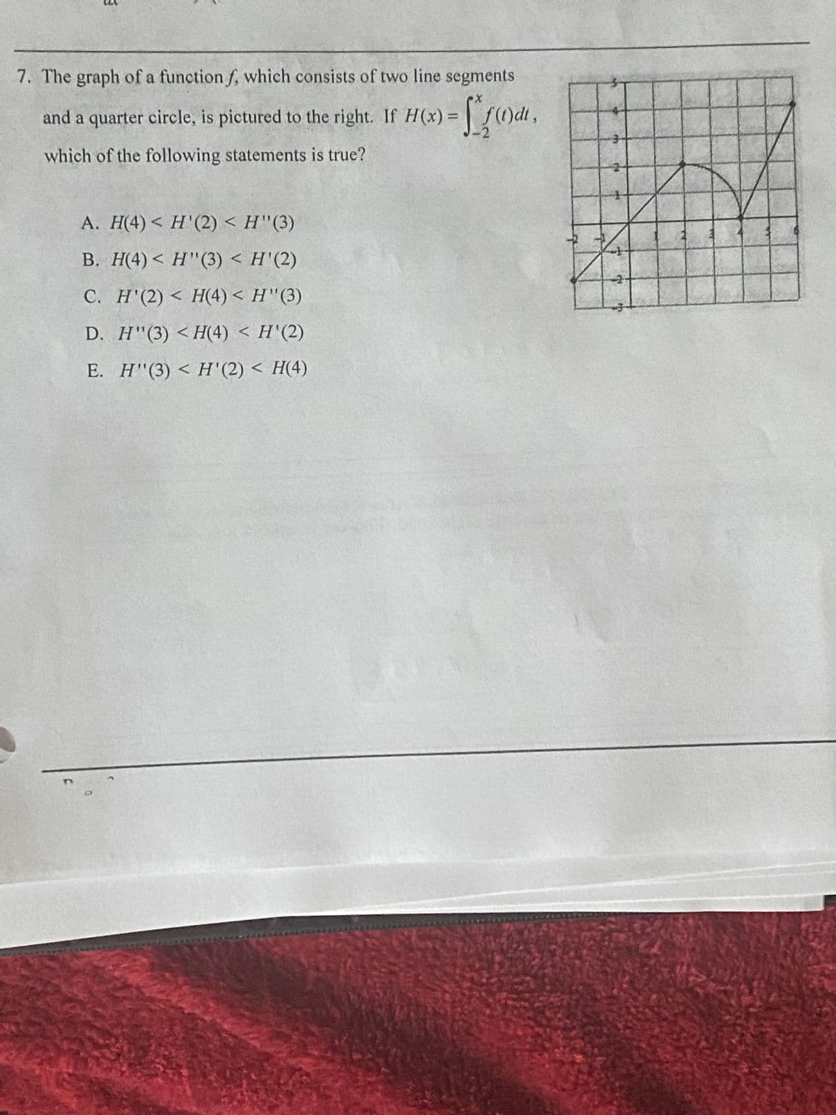 17
7. The graph of a function f, which consists of two line segments
X
and a quarter circle, is pictured to the right. If H(x) = f()dt,
which of the following statements is true?
A. H(4) < H'(2) < H" (3)
V
B. H(4)<H"(3) < H'(2)
C. H'(2) < H(4) < H"(3)
D. H"(3) <H(4) < H'(2)
E. H'(3) < H'(2) < H(4)
C
34