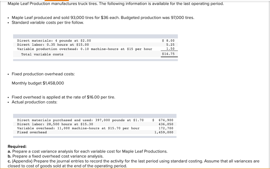 Maple Leaf Production manufactures truck tires. The following information is available for the last operating period.
• Maple Leaf produced and sold 93,000 tires for $36 each. Budgeted production was 97,000 tires.
• Standard variable costs per tire follow.
Direct materials: 4 pounds at $2.00
Direct labor: 0.35 hours at $15.00
Variable production overhead: 0.10 machine-hours at $15 per hour
Total variable costs
Fixed production overhead costs:
Monthly budget $1,458,000
• Fixed overhead is applied at the rate of $16.00 per tire.
• Actual production costs:
Direct materials purchased and used: 397,000 pounds at $1.70
Direct labor: 28,500 hours at $15.30
Variable overhead: 11,000 machine-hours at $15.70 per hour
Fixed overhead
$ 8.00
5.25
1.50
$14.75
674,900
436,050
172,700
1,459,000
Required:
a. Prepare a cost variance analysis for each variable cost for Maple Leaf Productions.
b. Prepare a fixed overhead cost variance analysis.
c. (Appendix) Prepare the journal entries to record the activity for the last period using standard costing. Assume that all variances are
closed to cost of goods sold at the end of the operating period.
