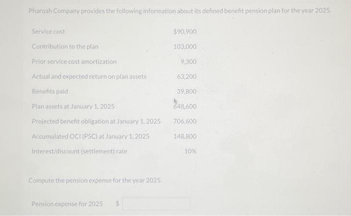 Pharoah Company provides the following information about its defined benefit pension plan for the year 2025.
Service cost
Contribution to the plan
Prior service cost amortization
Actual and expected return on plan assets
Benefits paid
Plan assets at January 1, 2025
Projected benefit obligation at January 1, 2025
Accumulated OCI (PSC) at January 1, 2025
Interest/discount (settlement) rate
Compute the pension expense for the year 2025.
Pension expense for 2025
$90,900
103,000
9,300
63,200
39,800
648,600
706,600
148,800
10%