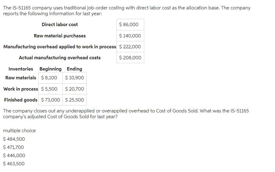 The IS-51165 company uses traditional job-order costing with direct labor cost as the allocation base. The company
reports the following information for last year:
Direct labor cost
Raw material purchases
Manufacturing overhead applied to work in process
Actual manufacturing overhead costs
$ 86,000
$ 140,000
$ 222,000
$ 208,000
Inventories Beginning Ending
Raw materials $ 8,100
$ 10,900
Work in process $ 5,500
$ 20,700
Finished goods $73,000
$25,500
The company closes out any underapplied or overapplied overhead to Cost of Goods Sold. What was the IS-51165
company's adjusted Cost of Goods Sold for last year?
multiple choice
$ 484,500
$ 471,700
$ 446,000
$ 463,500