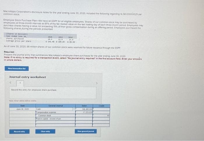 MacroApps Corporation's disclosure notes for the year ending June 30, 2020, included the following regarding its $0.00000625 par
common stock
Employee Stock Purchase Plan-We have an ESPP for all eligible employees Shares of our common stock may be purchased by
employees at three-month intervals at 85% of the fair market value on the last trading day of each three month period. Employees may
purchase shares having a value not exceeding 15% of their gross compensation during an offering period. Employees purchased the
following shares during the periods presented
(Shares in millions)
Year Ended June 30,
shares purchased
2920
2019
10.9
12.9
14.9
Average price per share
$ 146.40 $ 109.03 $0.50
As of June 30, 2020, 96 milion shares of our common stock were reserved for future issuance through the ESPP
Required:
Prepare the journal entry that summarizes MacroApos's employee share purchases for the year ending June 30, 2020
Note: If no entry is required for a transaction/event, select "No journal entry required in the first account fleid. Enter your answers
In whole dollars.
Journal entry worksheet
<
Record the entry for employee share purchase.
Date
June 30 2020
dry
General Journal
Cash
Compensation expense
Common stock
Paid in capital excess of par
2018
Chay
IM
Debil
145 400 000
17.223 529
View al
Credit
65