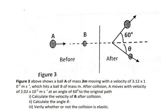 A
60°
Before
After
Figure 3
Figure 3 above shows a ball A of mass 3m moving with a velocity of 3.12 x 1
0? ms, which hits a ball B of mass m. After collision, A moves with velocity
of 2.02 x 102 m sat an angle of 60° to the original path
i) Calculate the velocity of B after collision.
ii) Calculate the angle 0.
ii) Verily whether or not the collision is elastic.
