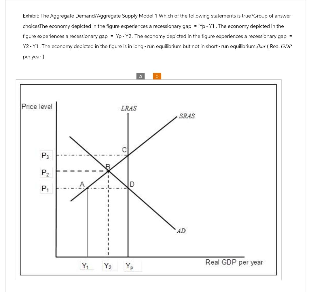 Exhibit: The Aggregate Demand/Aggregate Supply Model 1 Which of the following statements is true?Group of answer
choicesThe economy depicted in the figure experiences a recessionary gap = Yp - Y1. The economy depicted in the
figure experiences a recessionary gap = YpY2. The economy depicted in the figure experiences a recessionary gap =
Y2 - Y1. The economy depicted in the figure is in long-run equilibrium but not in short-run equilibrium./bar (Real GDP
per year)
ง
Price level
LRAS
SRAS
P3
P2
P₁
I
Y₁
D
Y2
Yp
AD
Real GDP per year