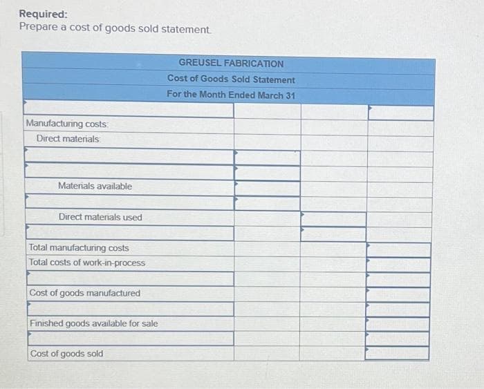 Required:
Prepare a cost of goods sold statement.
Manufacturing costs:
Direct materials
Materials available
Direct materials used
Total manufacturing costs
Total costs of work-in-process
Cost of goods manufactured
Finished goods available for sale
Cost of goods sold
GREUSEL FABRICATION
Cost of Goods Sold Statement
For the Month Ended March 31