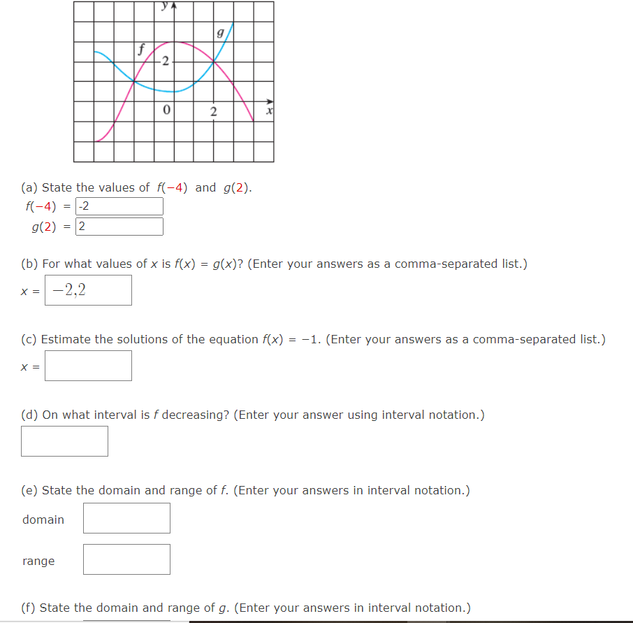 f
2
X =
0
9
(a) State the values of f(-4) and g(2).
f(-4)
= -2
g(2) = 2
2
range
(b) For what values of x is f(x) = g(x)? (Enter your answers as a comma-separated list.)
X = -2,2
x
(c) Estimate the solutions of the equation f(x) = -1. (Enter your answers as a comma-separated list.)
(d) On what interval is f decreasing? (Enter your answer using interval notation.)
(e) State the domain and range of f. (Enter your answers in interval notation.)
domain
(f) State the domain and range of g. (Enter your answers in interval notation.)