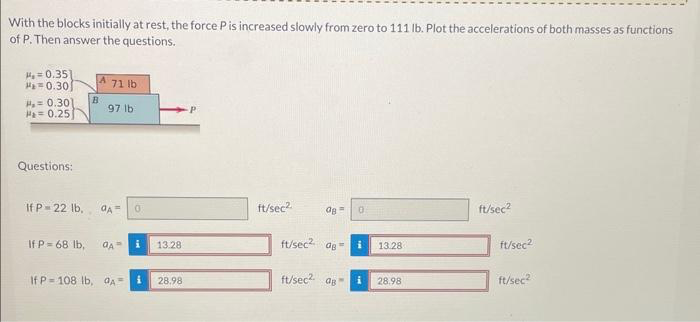 With the blocks initially at rest, the force P is increased slowly from zero to 111 lb. Plot the accelerations of both masses as functions
of P. Then answer the questions.
H₂=0.351
Ha 0.30
P₁= 0.301
Pa = 0.25
Questions:
If P=22 lb,
A 71 lb
B
97 lb
GA= 0
If P=68 lb, GA
If P-108 lb, A
i 13.28
28.98
P
ft/sec²
dg= 0
ft/sec² B= i 13.28
ft/sec² ав" i 28.98
ft/sec²
ft/sec²
ft/sec²