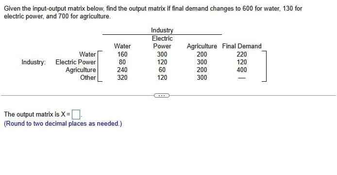 Given the input-output matrix below, find the output matrix if final demand changes to 600 for water, 130 for
electric power, and 700 for agriculture.
Industry
Electric
Water
Power
Agriculture Final Demand
Water
160
300
200
220
Industry:
Electric Power
80
120
300
120
Agriculture
240
60
200
400
Other
320
120
300
The output matrix is X = ☐ .
(Round to two decimal places as needed.)