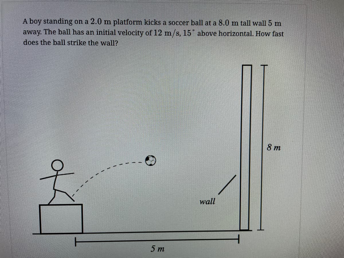 A boy standing on a 2.0 m platform kicks a soccer ball at a 8.0 m tall wall 5 m
away. The ball has an initial velocity of 12 m/s, 15 above horizontal. How fast
does the ball strike the wall?
8 m
wall
5 т
