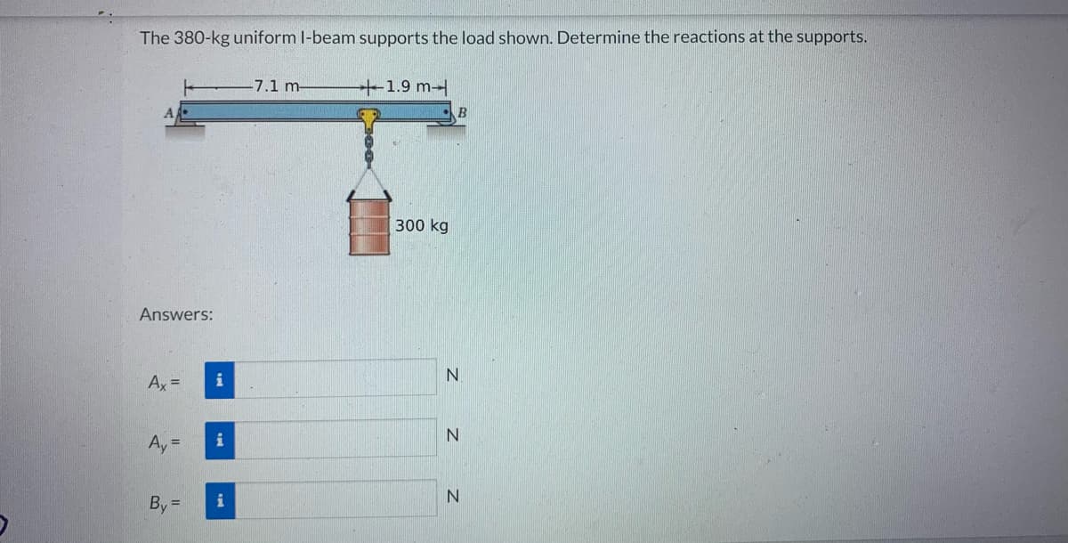 The 380-kg uniform I-beam supports the load shown. Determine the reactions at the supports.
Answers:
Ax=
Ay
=
By=
i
i
i
-7.1 m-
+1.9 m
300 kg
B
N
N
N