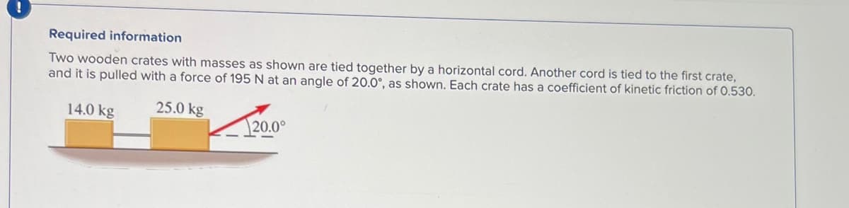 Required information
Two wooden crates with masses as shown are tied together by a horizontal cord. Another cord is tied to the first crate,
and it is pulled with a force of 195 N at an angle of 20.0°, as shown. Each crate has a coefficient of kinetic friction of 0.530.
14.0 kg
25.0 kg
20.0°
