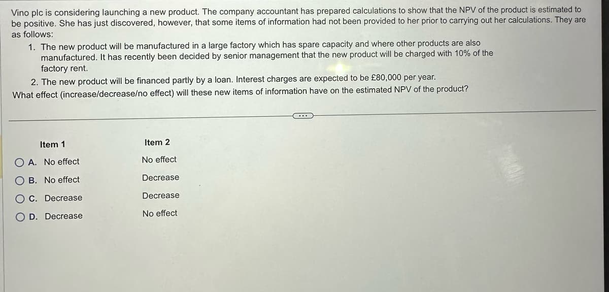 Vino plc is considering launching a new product. The company accountant has prepared calculations to show that the NPV of the product is estimated to
be positive. She has just discovered, however, that some items of information had not been provided to her prior to carrying out her calculations. They are
as follows:
1. The new product will be manufactured in a large factory which has spare capacity and where other products are also
manufactured. It has recently been decided by senior management that the new product will be charged with 10% of the
factory rent.
2. The new product will be financed partly by a loan. Interest charges are expected to be £80,000 per year.
What effect (increase/decrease/no effect) will these new items of information have on the estimated NPV of the product?
Item 1
OA. No effect
OB. No effect
OC. Decrease
O D. Decrease
Item 2
No effect
Decrease
Decrease
No effect
C