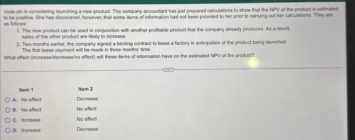 Voda plc is considering launching a new product. The company accountant has just prepared calculations to show that the NPV of the product is estimated
to be positive. She has discovered, however, that some items of information had not been provided to her prior to carrying out her calculations. They are
as follows:
1. The new product can be used in conjunction with another profitable product that the company already produces. As a result,
sales of the other product are likely to increase.
2. Two months earlier, the company signed a binding contract to lease a factory in anticipation of the product being launched.
The first lease payment will be made in three months' time.
What effect (increase/decrease/no effect) will these items of information have on the estimated NPV of the product?
Item 1
OA. No effect
B. No effect
OC. Increase
OD. Increase
Item 2
Decrease
No effect
No effect
Decrease