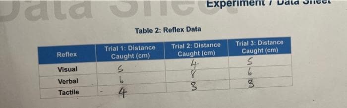 a onl
Reflex
Visual
Verbal
Tactile
Table 2: Reflex Data
Trial 1: Distance
Caught (cm)
S
b
4
Experiment
Trial 2: Distance
Caught (cm)
4
3
Trial 3: Distance
Caught (cm)
S
6
3