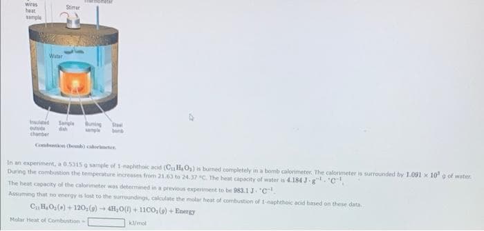 wires
heat
sample
Water
Stirrer
Insuled Sample Duming Steel
outside
chamber
In an experiment, a 0.5315 g sample of 1-naphthoic acid (C₁H, O₂) is burned completely in a bomb calorimeter. The calorimeter is surrounded by 1.001 x 10 g of water.
During the combustion the temperature increases from 21.63 to 24.37 "C. The heat capacity of water is 4.184 J-g¹.0¹.
The heat capacity of the calorimeter was determined in a previous experiment to be 983.1 J. "C
Assuming that no energy is lost to the surroundings, calculate the molar heat of combustion of 1-naphthoic acid based on these data.
C₁ H₂O₂(0)+120₂ (9)→ 4H₂O()+11C0₂(g) + Energy
kJ/mol
Molar Heat of Combustion -