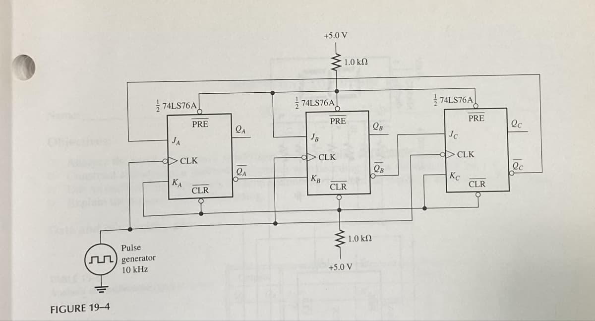 FIGURE 19-4
Pulse
generator
10 kHz
74LS76A
JA
PRE
CLK
ΚΑ
CLR
QA
DA
JB
+5.0 V
74LS76A
Σ1.0 ΚΩ
KB
PRE
CLK
CLR
1.0 kn
+5.0 V
QB
QB
74LS76A
Jc
PRE
CLK
Kc
CLR
lc
lc