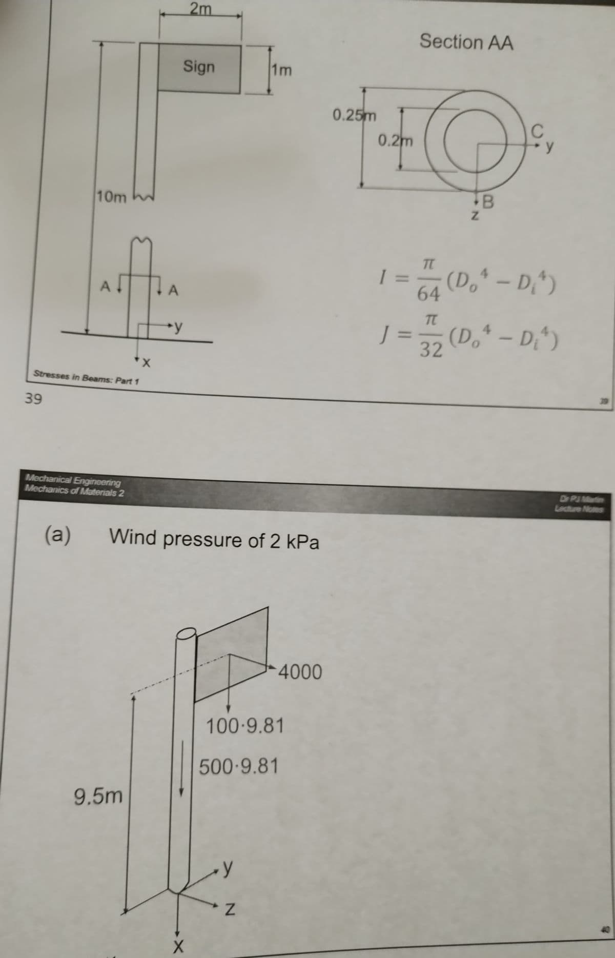 10m
39
X
Stresses in Beams: Part 1
ht
9.5m
A
+y
2m
Sign
Mechanical Engineering
Mechanics of Materials 2
(a) Wind pressure of 2 kPa
X
1m
y
Z
4000
100.9.81
500-9.81
0.25m
0.2m
I =
Section AA
@
B
TT
64
TT
Z
32
4
(D.* -D^)
Do
J (D.^ - Di^)
1 =
Dr PJ. Martin
Lecture Notes