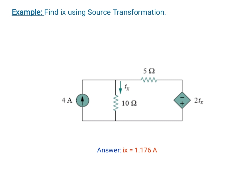 Example: Find ix using Source Transformation.
4A
ix
10 Ω
5Ω
www.
Answer: ix = 1.176 A
1+
21x