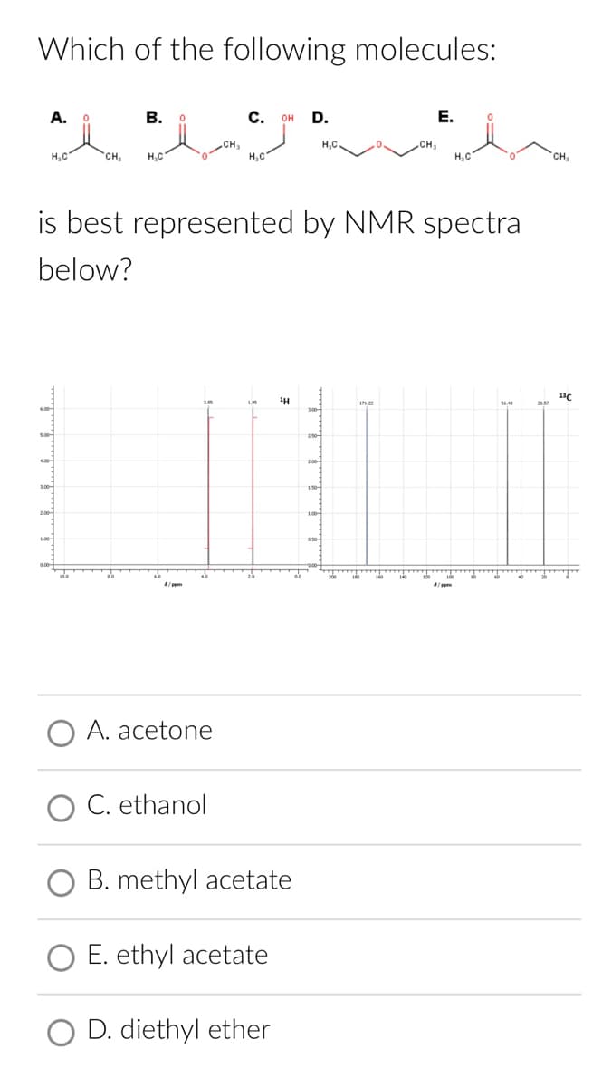 Which of the following molecules:
A.
H₂C
0
CH₂
C.
Ï_¶Ï
H₂C
B.
H₂C
A. acetone
C. ethanol
OH
B. methyl acetate
E. ethyl acetate
D. diethyl ether
is best represented by NMR spectra
below?
D.
20
H.C
17122
.CH₂₁
14
E.
H₂C
10
20
13C