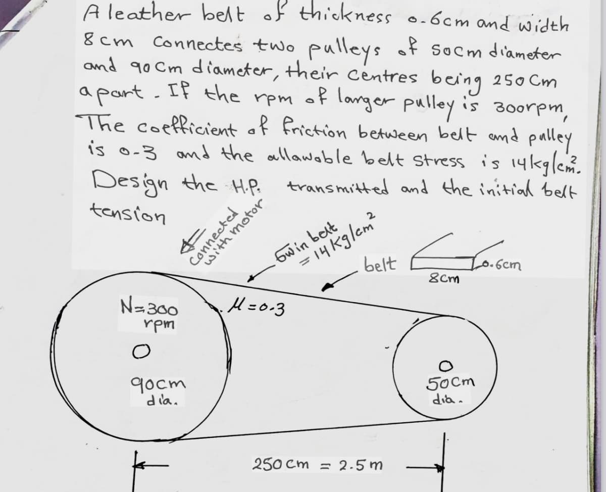 A leather belt of thickness o.6cm and width
8 cm Connectes two pulleys of socm diameter
and 90 Cm diameter, their Centres beiing 250 Cm
a part . If the rpm of langer pulley is 30orpm,
The coefficient of friction between belt and palley
is o-3 and the allawoble belt Stress is 14kqlem.
Design the H.P.
transmitted and the initial belt
tension
= 14 kglem
belt
6w in belt
%3D
6.6cm
8cm
N=300
H=0.3
rpm
9ocm
d la.
50Cm
dia.
250 Cm = 2.5 m
Connected
motor
