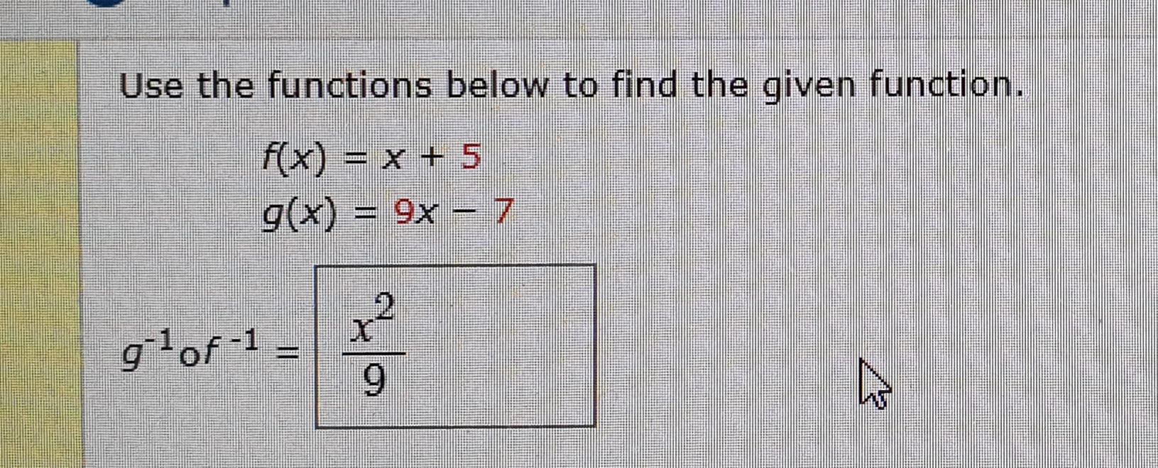 Use the functions below to find the given function.
f(x) = x + 5
4-X6 (x)6
2
glof 1
9
