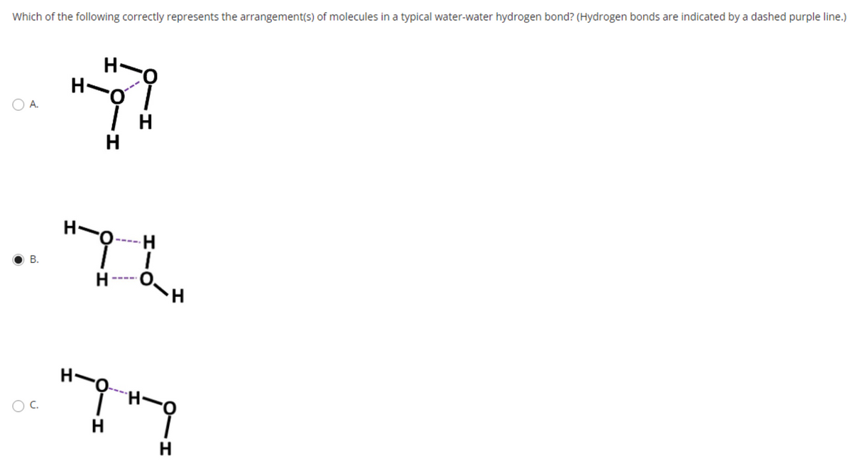 Which of the following correctly represents the arrangement(s) of molecules in a typical water-water hydrogen bond? (Hydrogen bonds are indicated by a dashed purple line.)
А.
B.
О с.
Н
Н
н-о
н
Н
н
I
Н
н-он-о
Н
Н